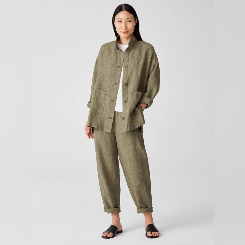 Eileen Fisher Washed Organic Linen Delave  Lantern Pants and Jacket Set Sz L